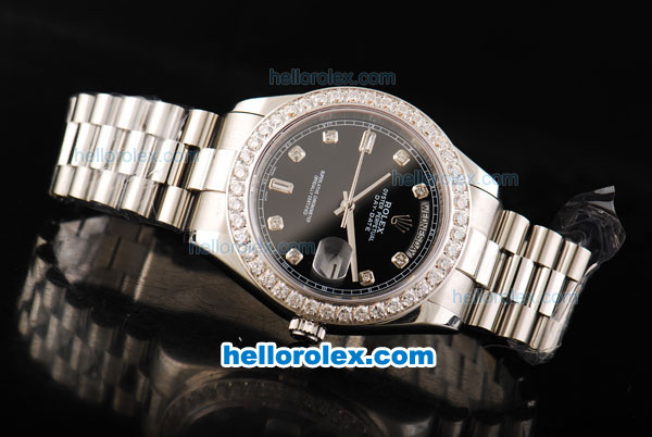 Rolex Day Date II Automatic Movement Full Steel with Diamond Bezel-Diamond Markers and Black Dial - Click Image to Close